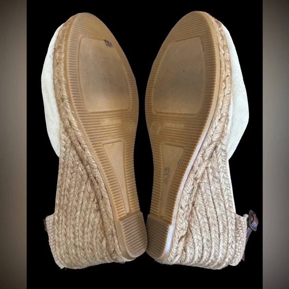 Giamo Anthro beige suede 3” wedge heel espadrilles w brwn lthr strp SZ 8 coastal